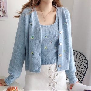 Dusty Blue Knit Floral Sweater/Cardigan